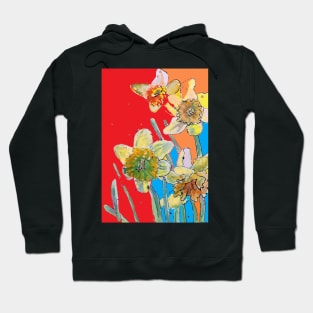 Abstract Yellow Daffodil Watercolor Pattern on Red, Orange and Blue Hoodie